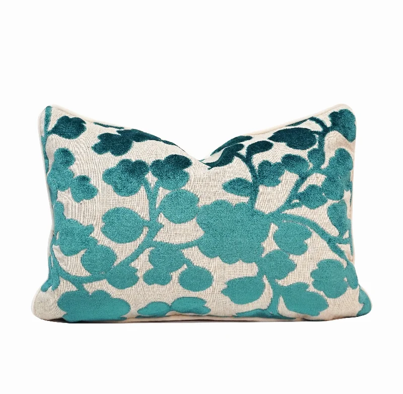 Blossom Lumbar Cut Velvet Throw Pillow Cover | Turquoise | 12" x 20"