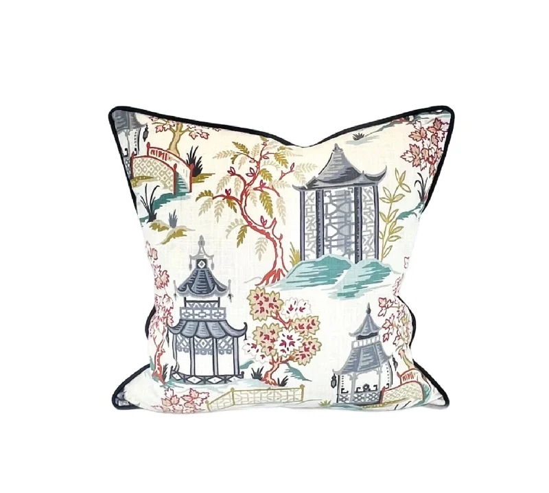 Decorative Pillow Cover in Chinoiserie in Toile Pagoda Fabric