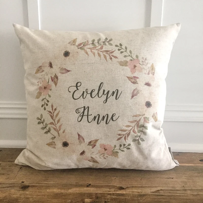 Custom Name Floral Wreath Pillow Cover