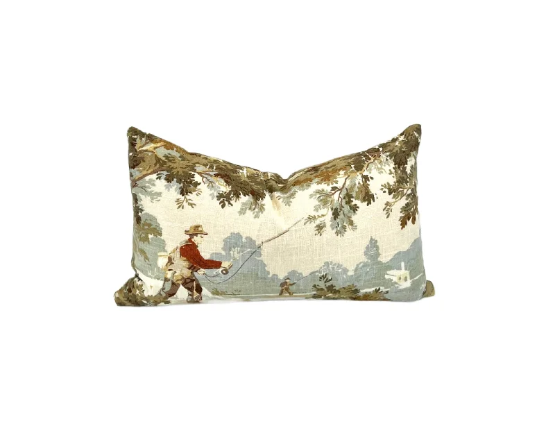 Decorative Pillow Cover in Vintage Tolie Fishing Fabric