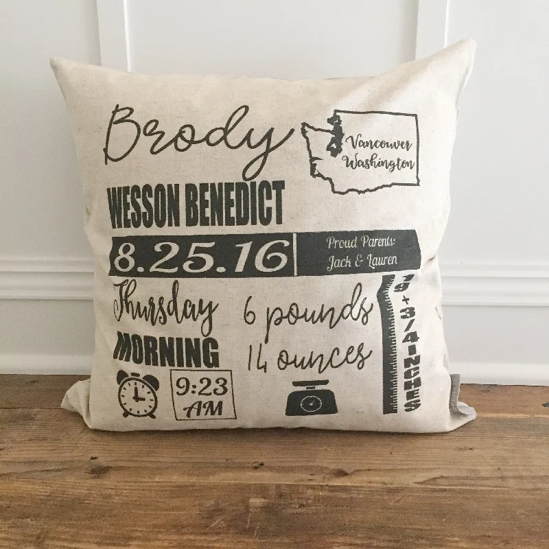 Icon Birth Announcement Pillow Cover