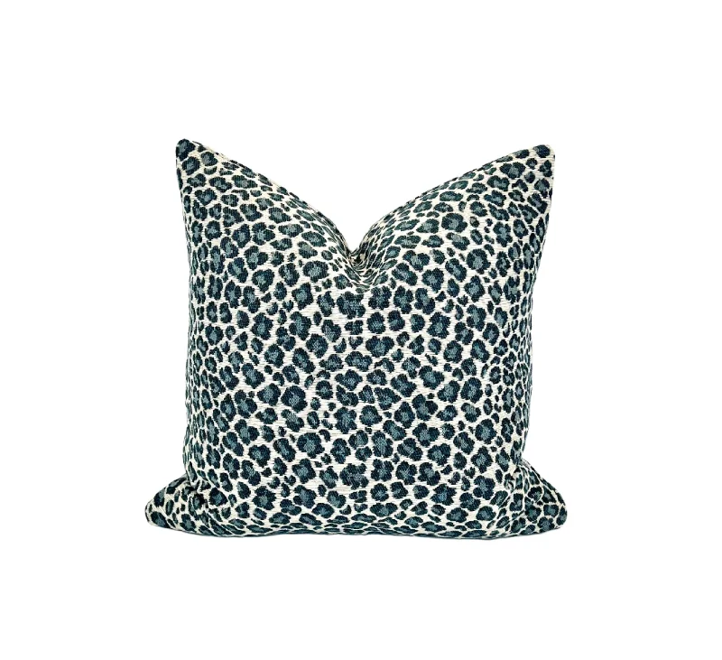 Leopard Pillow Cover in Designer Luxury Chenille Animal Print Upholstery Fabric in Jade Blue