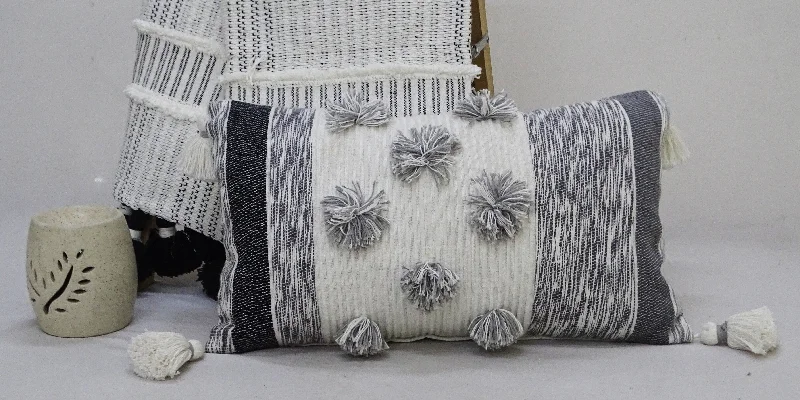 Melange Striped Throw Pillow with Large Poms and Tassels