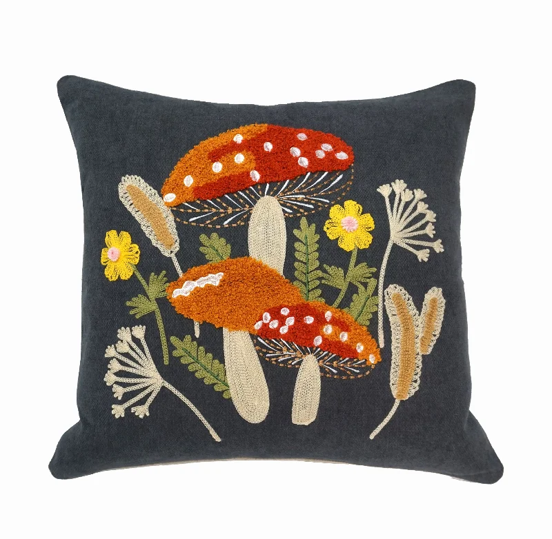 Mushroom & Wildflowers Throw Pillow Cover | Gray | 18" x 18"