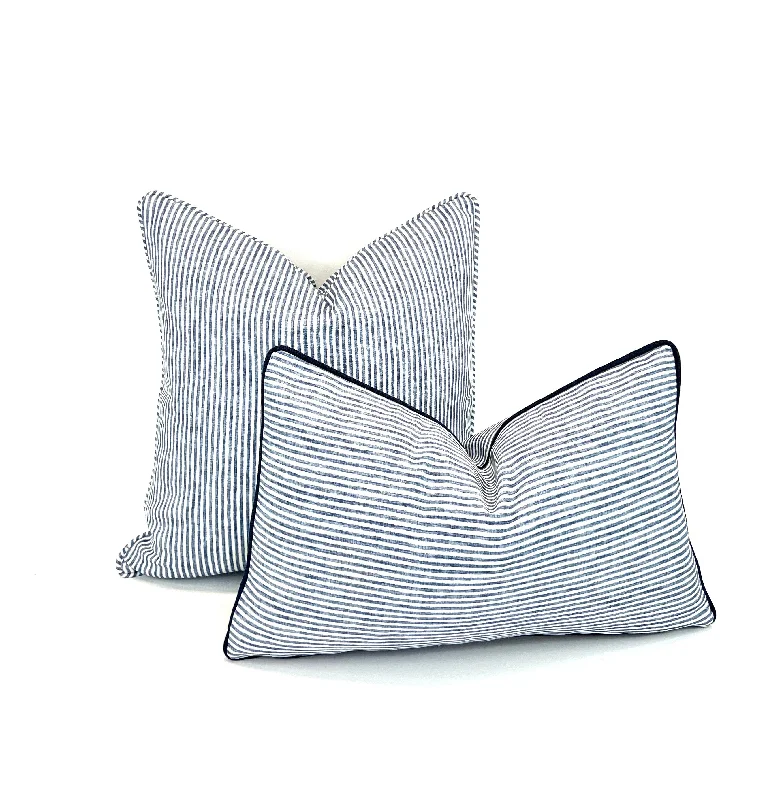 Ticking Dusty Blue & White on Woven Fabric Decorative Pillow Cover - Multiple Colors