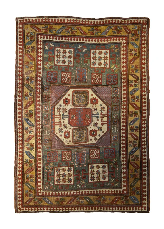 Caucasian Rug Karachopt Handmade Area Antique Tribal 5'2"x7'2" (5x7) Green Yellow/Gold Red Geometric Karachopt Design #A35394