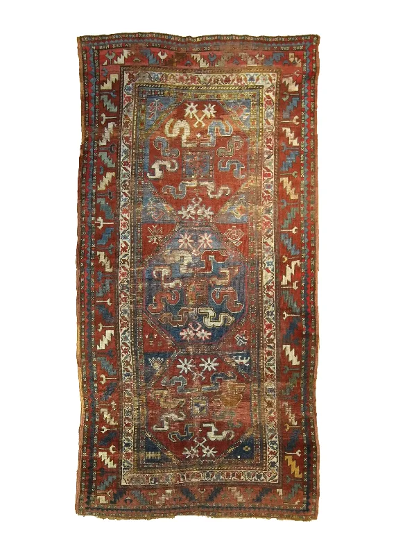 Caucasian Rug Kazak Handmade Area Antique Tribal 3'9"x7'4" (4x7) Red Geometric Design #A35453