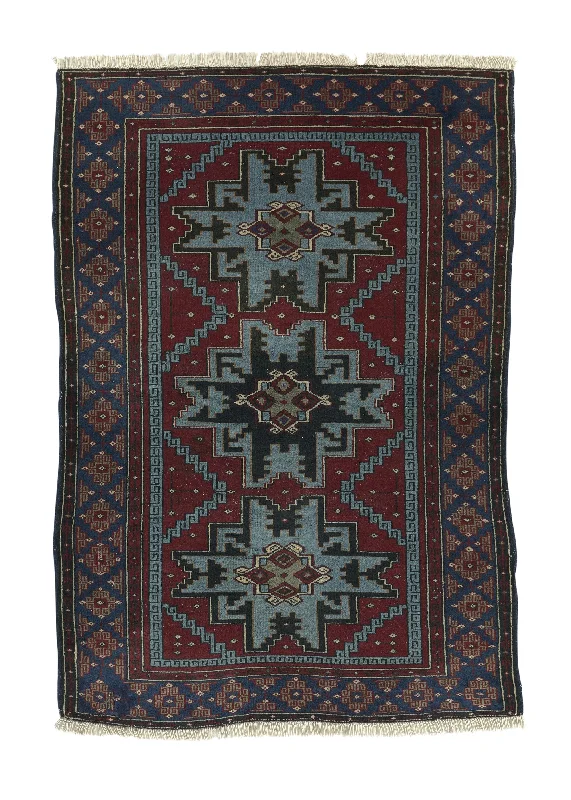 Caucasian Rug Lesghistan Handmade Area Antique Tribal 3'5"x4'10" (3x5) Red Blue Geometric Design #15169