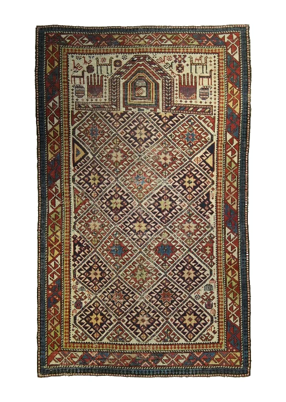 Caucasian Rug Shirvan Handmade Area Antique Tribal 3'8"x5'10" (4x6) Whites/Beige Red Blue Geometric Prayer Rug Design #A35395