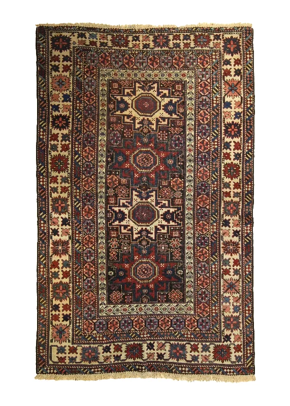 Caucasian Rug Shirvan Handmade Area Antique Tribal 3'7"x5'10" (4x6) Whites/Beige Red Green Prayer Rug Design #A35391