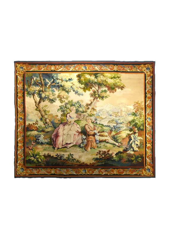 European Rug Handmade Area Antique Traditional 6'0"x7'2" (6x7) Green Multi-color Tapestry Pictorial Design #A35445