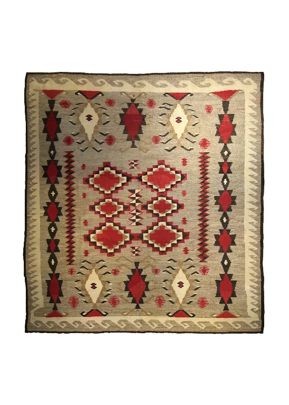 Native American Rug Navajo Handmade Square Antique Tribal 9'0"x9'2" (9x9) Whites/Beige Black Geometric Design #A12039