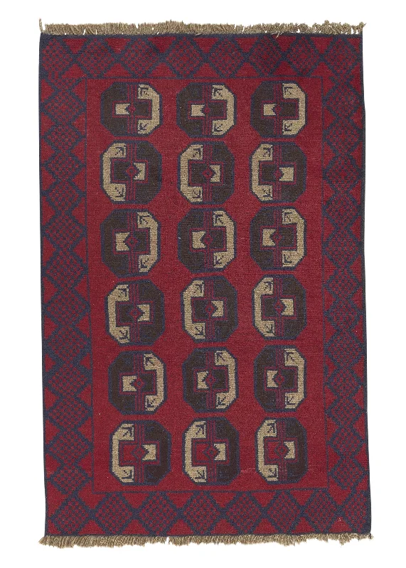 Oriental Rug Afghan Handmade Area Tribal 2'10"x4'4" (3x4) Red Bokhara Design #31776