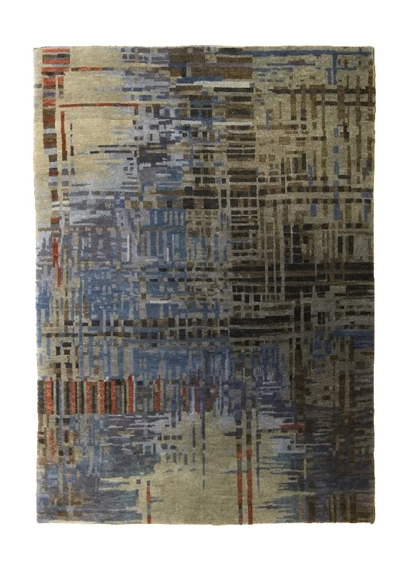 Oriental Rug Indian Handmade Area Modern 4'11"x6'10" (5x7) Gray Blue Abstract Stripes Lattice Design #A35386