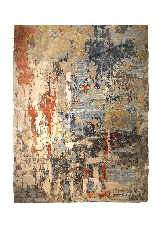 Oriental Rug Indian Handmade Area Modern 9'1"x12'0" (9x12) Whites/Beige Red Yellow/Gold Abstract Splatter Design #A35384