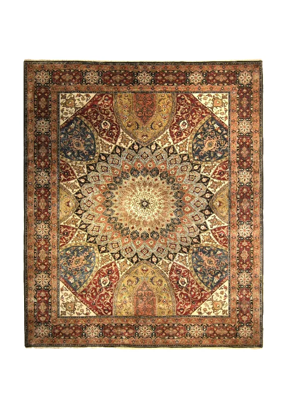 Oriental Rug Indian Handmade Area Traditional 8'0"x9'8" (8x10) Red Multi-color Gonbad Dome Design #A35444