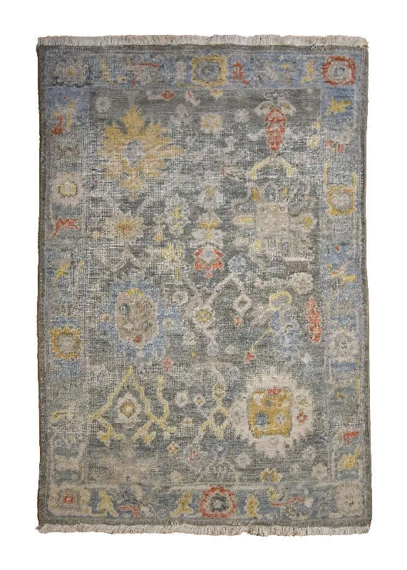 Oriental Rug Indian Handmade Area Transitional 2'0"x3'0" (2x3) Gray Yellow/Gold Blue Floral Oushak Design #A35412