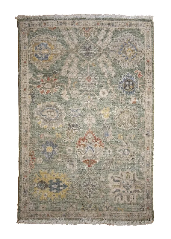 Oriental Rug Indian Handmade Area Transitional 2'0"x3'0" (2x3) Green Floral Oushak Design #A35413