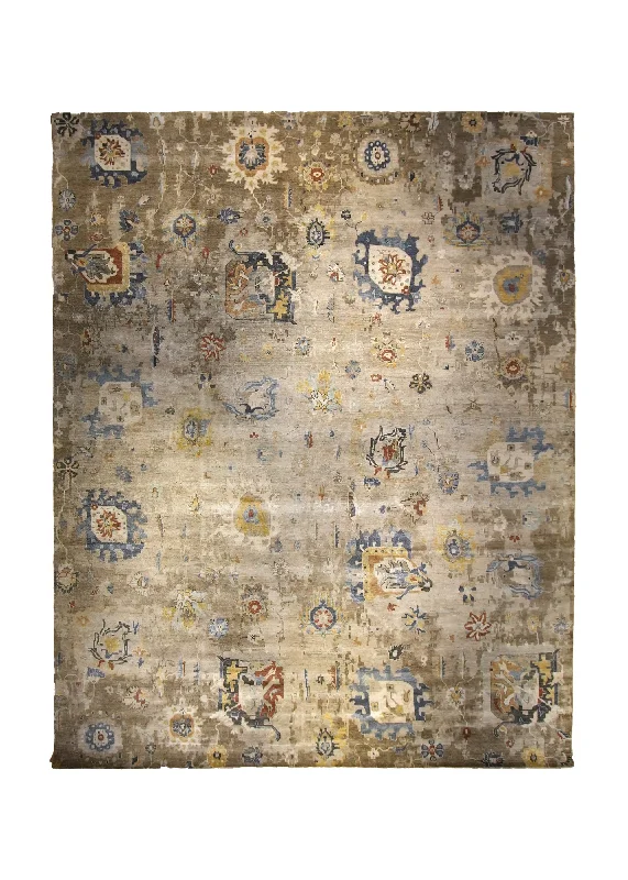 Oriental Rug Indian Handmade Area Transitional Neutral 11'8"x15'0" (12x15) Whites/Beige Blue Yellow/Gold Geometric Oushak Design #A35442