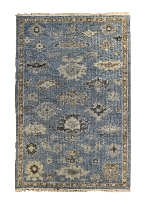 Oriental Rug Indian Handmade Area Transitional Neutral 3'11"x5'11" (4x6) Blue Brown Floral Oushak Design #A35341