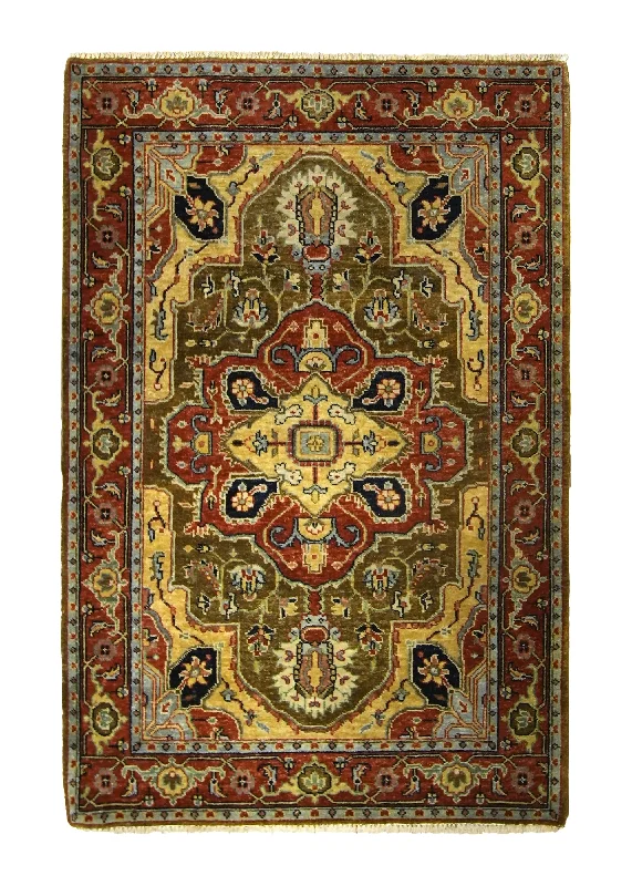 Oriental Rug Indian Handmade Area Transitional Tribal 4'0"x6'1" (4x6) Red Green Yellow/Gold Geometric Heriz Design #A35380