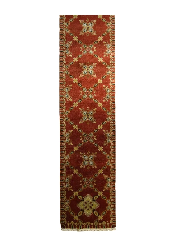 Oriental Rug Indian Handmade Runner Traditional 2'5"x11'8" (2x12) Red Yellow/Gold Geometric Design #A35415