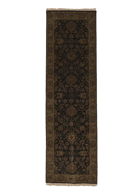 Oriental Rug Indian Handmade Runner Transitional 3'0"x10'3" (3x10) Black Jaipur Floral Design #25783