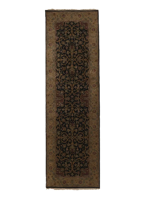 Oriental Rug Indian Handmade Runner Transitional 3'0"x10'0" (3x10) Black Jaipur Floral Design #27943