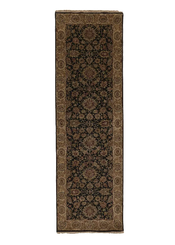 Oriental Rug Indian Handmade Runner Transitional 3'0"x10'0" (3x10) Black Jaipur Floral Design #28882