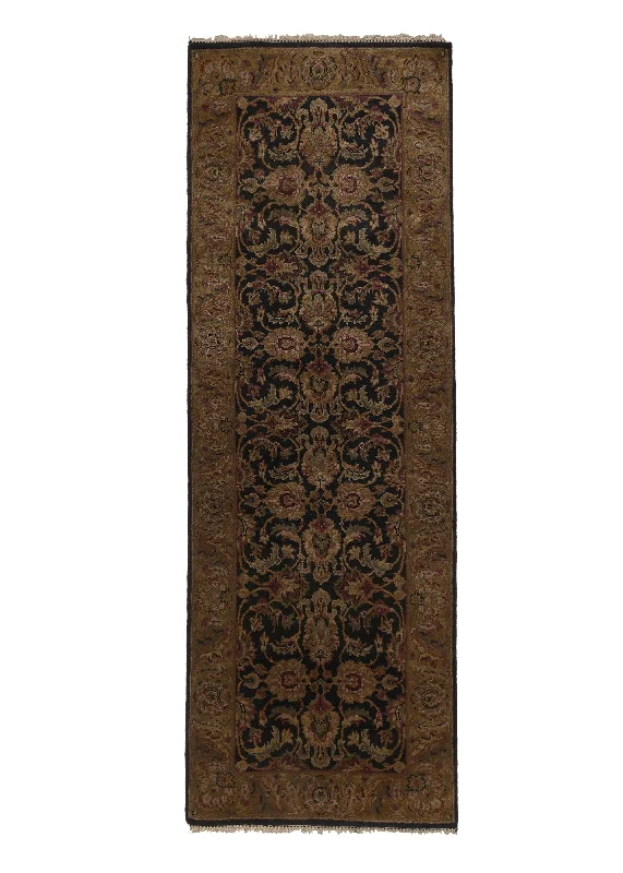 Oriental Rug Indian Handmade Runner Transitional 3'0"x9'10" (3x10) Black Yellow/Gold Jaipur Floral Design #33556