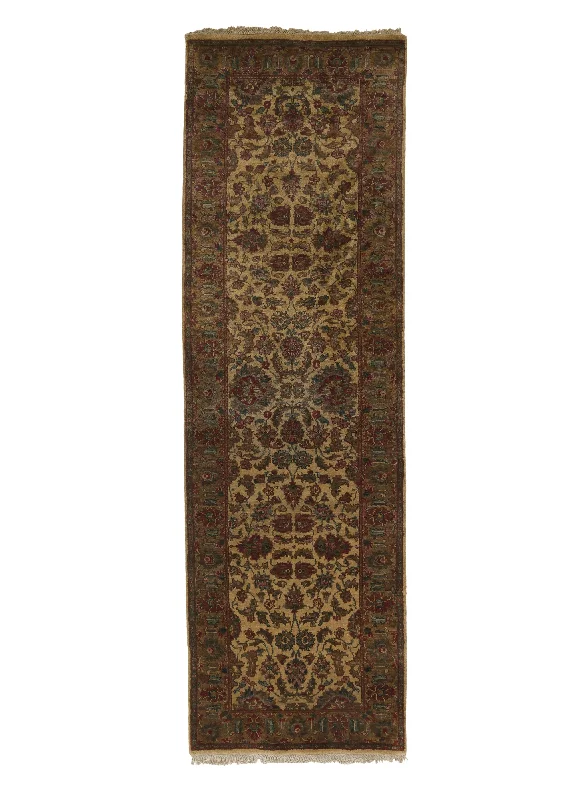 Oriental Rug Indian Handmade Runner Transitional 3'0"x9'10" (3x10) Whites/Beige Green Jaipur Floral Design #16925