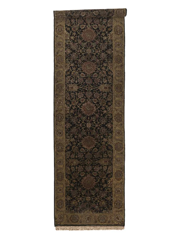 Oriental Rug Indian Handmade Runner Transitional 3'1"x12'1" (3x12) Black Jaipur Floral Design #26100