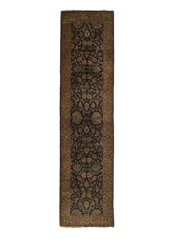 Oriental Rug Indian Handmade Runner Transitional 3'0"x12'0" (3x12) Black Yellow/Gold Jaipur Floral Design #33557