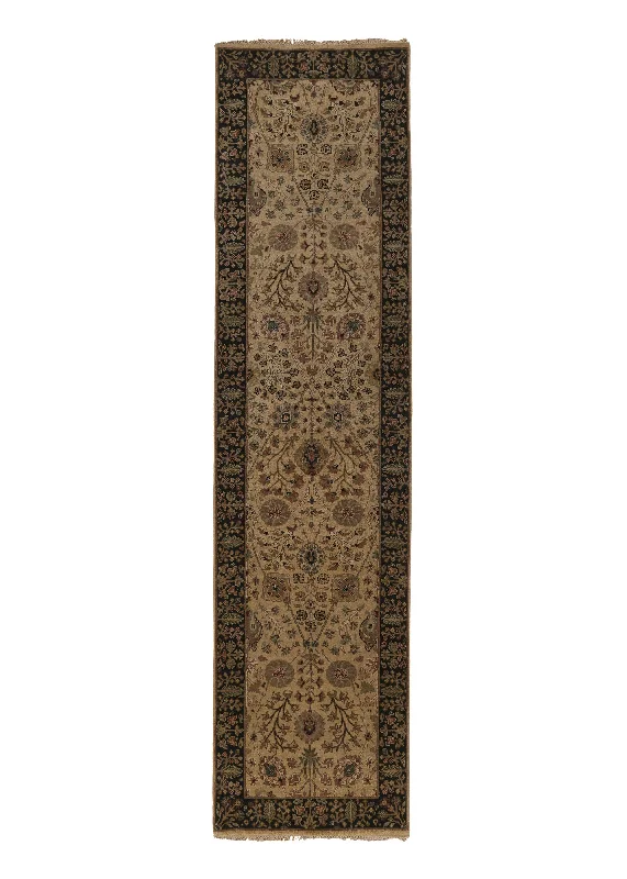 Oriental Rug Indian Handmade Runner Transitional 3'0"x12'1" (3x12) Whites/Beige Green Black Jaipur Floral Design #27952