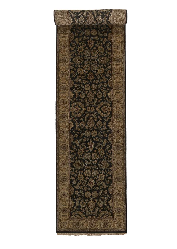 Oriental Rug Indian Handmade Runner Transitional 3'0"x14'5" (3x14) Black Jaipur Floral Design #27999