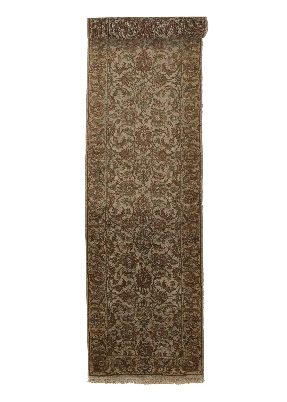 Oriental Rug Indian Handmade Runner Transitional 3'0"x13'9" (3x14) Whites/Beige Green Jaipur Floral Design #33513