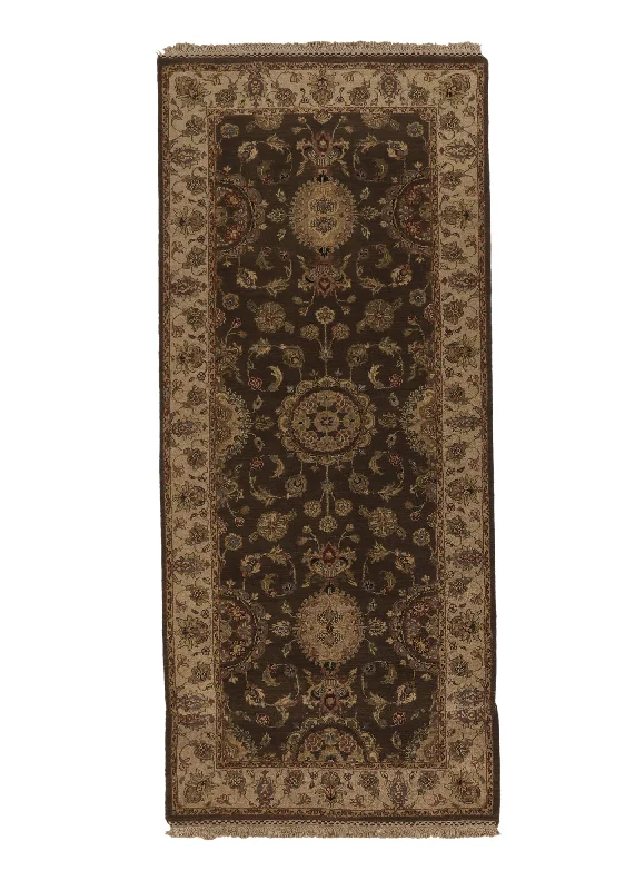 Oriental Rug Indian Handmade Runner Transitional 3'0"x7'0" (3x7) Brown Whites/Beige Jaipur Floral Design #34902