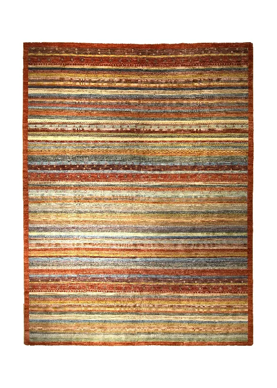 Oriental Rug Pakistani Handmade Area Transitional Tribal 8'10"x11'10" (9x12) Green Red Stripes Grass Gabbeh Design #A35383