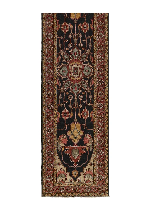 Oriental Rug Pakistani Handmade Runner Transitional Tribal 2'9"x10'1" (3x10) Black Red Geometric Serapi Design #35363