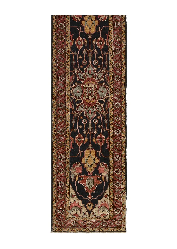 Oriental Rug Pakistani Handmade Runner Transitional Tribal 2'8"x10'1" (3x10) Black Red Yellow/Gold Geometric Heriz Design #35350