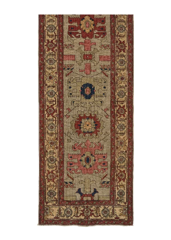 Oriental Rug Pakistani Handmade Runner Transitional Tribal 3'1"x16'0" (3x16) Whites/Beige Green Red Geometric Serapi Design #35372