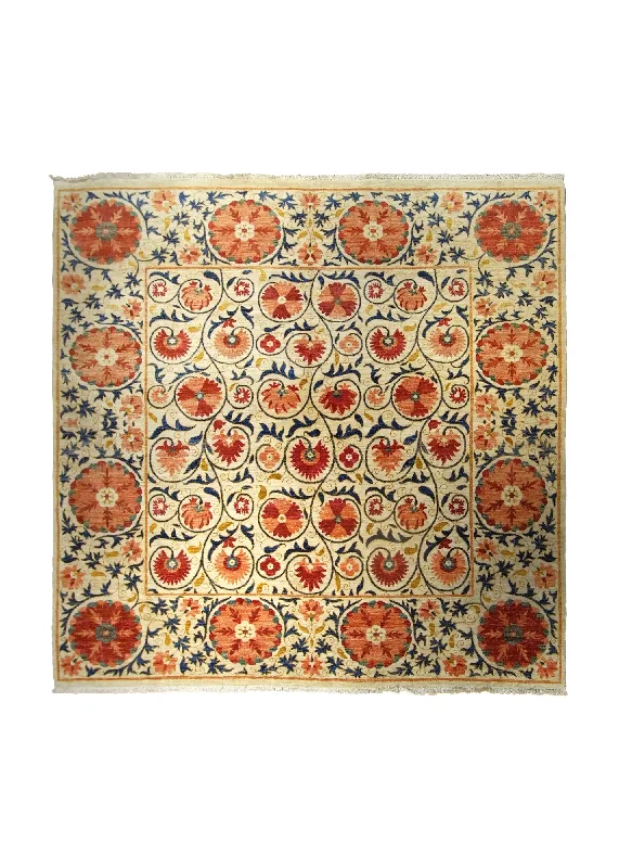 Oriental Rug Pakistani Handmade Square Transitional 8'0"x8'1" (8x8) Whites/Beige Red Antique Washed Floral Suzani Design #A35374