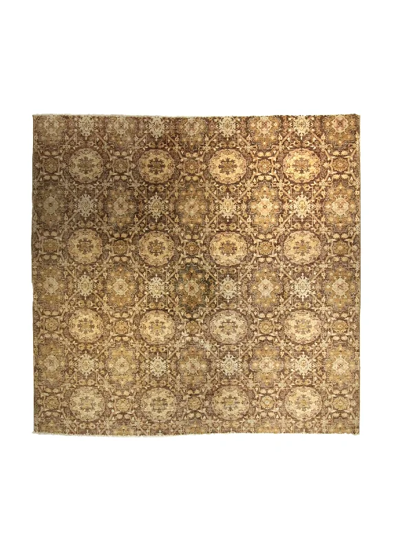 Oriental Rug Pakistani Handmade Square Transitional 7'8"x7'11" (8x8) Yellow/Gold Brown Antique Washed Floral Oushak Design #A35368