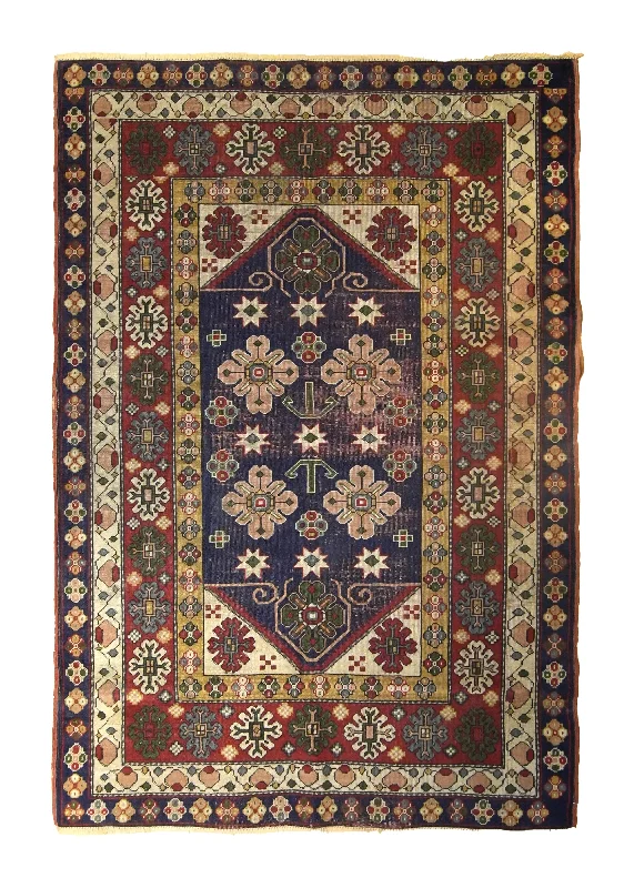 Oriental Rug Turkish Handmade Area Antique Traditional 4'0"x5'8" (4x6) Blue Yellow/Gold Geometric Design #A35460