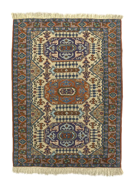 Persian Rug Ardabil Handmade Area Tribal 3'9"x5'1" (4x5) Orange Blue Whites/Beige Geometric Design #21145