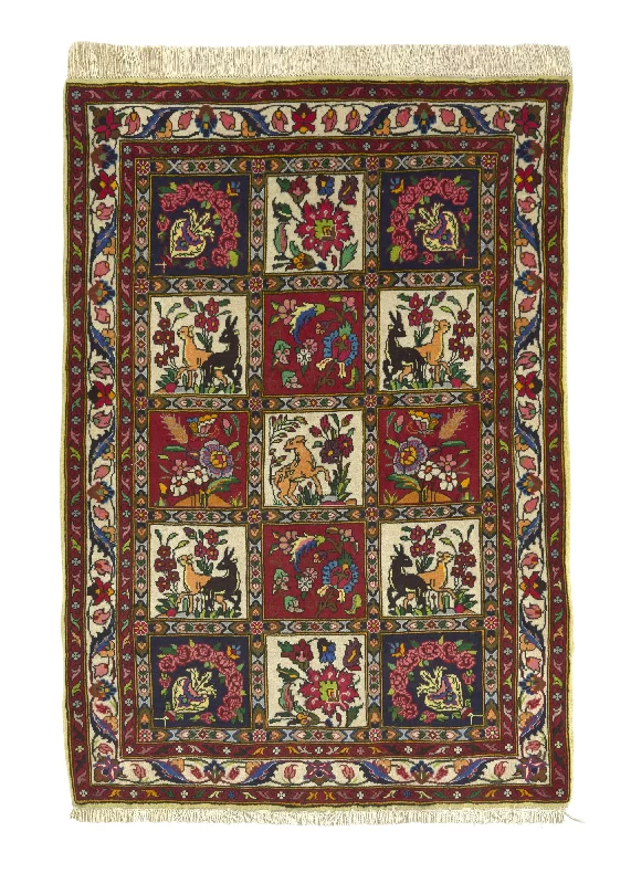 Persian Rug Bakhtiari Handmade Area Traditional Tribal 3'4"x5'0" (3x5) Multi-color Red Garden Animals Design #28620