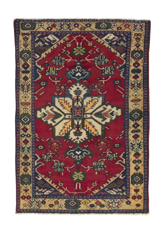 Persian Rug Bakhtiari Handmade Area Tribal Traditional 3'3"x4'10" (3x5) Red Yellow/Gold Geometric Heriz Design #31019