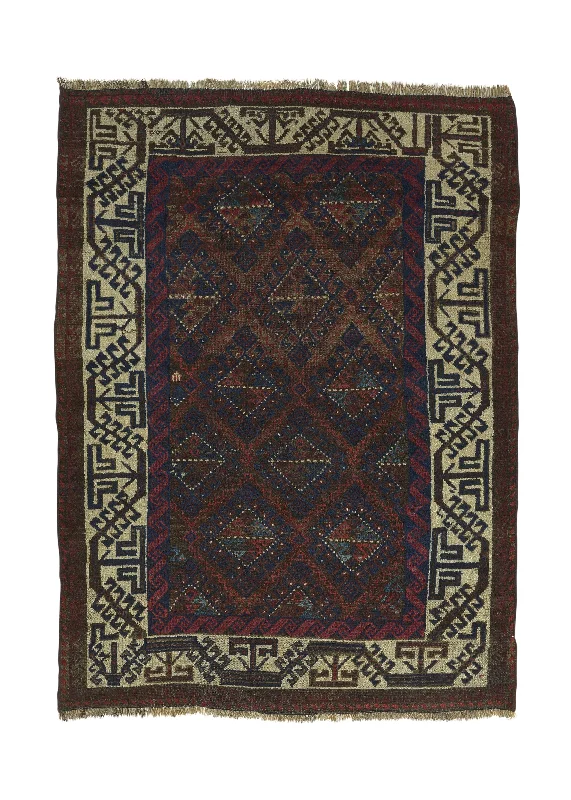 Persian Rug Baloch Handmade Area Tribal Vintage 3'7"x4'9" (4x5) Brown Geometric Design #34141