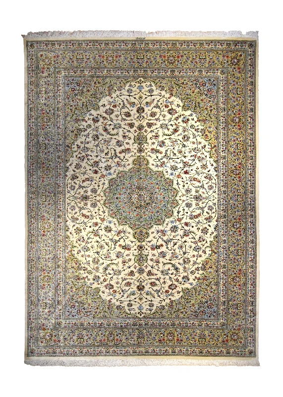 Persian Rug Kashan Handmade Area Traditional 8'0"x11'4" (8x11) Whites/Beige Yellow/Gold Floral Erami Design #A35424