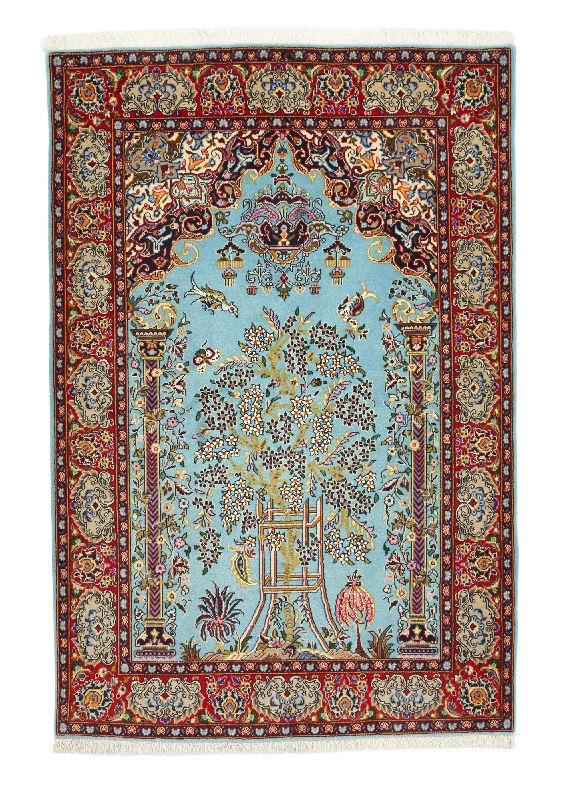 Persian Rug Kashan Handmade Area Traditional 3'8"x5'5" (4x5) Blue Prayer Rug Animals Tree of Life Design #31485